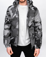 Grey Camo Print Puffer Jacket