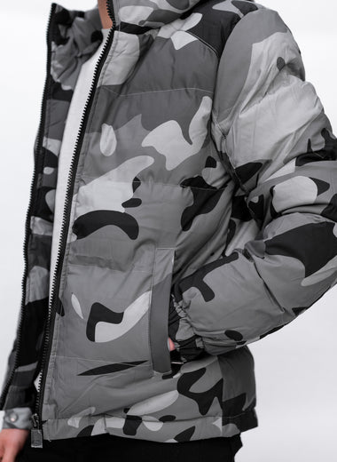 Grey Camo Print Puffer Jacket