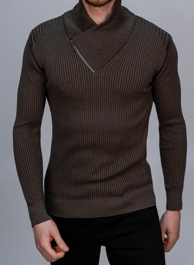 Brown Asymmetrical Zip Detail Knit Top