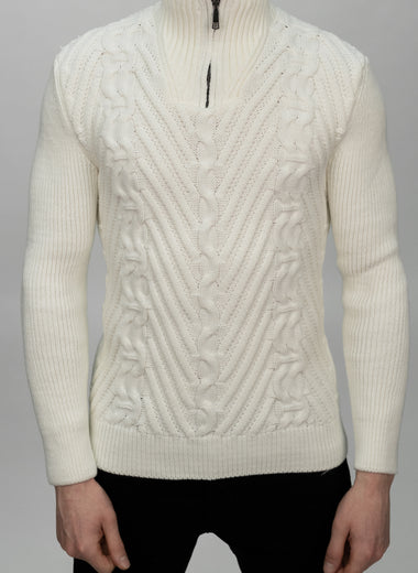 White Cable Knit Half Zip Sweater