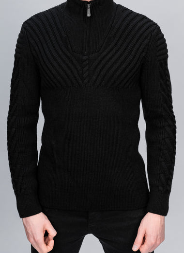 Black Half Zip Contrast Cable Knit Jumper