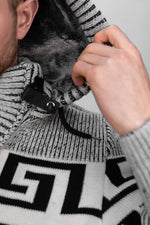 Grey & Black Button Buckle Detail Hooded Knit Jumper