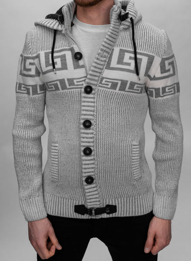 Grey Button & Buckle Detail Hooded Knitted Jumper