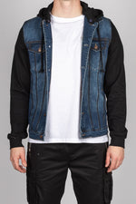 Blue Denim Jacket with Black Sweat Sleeves and Hood