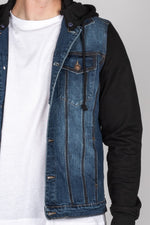 Blue Denim Jacket with Black Sweat Sleeves and Hood