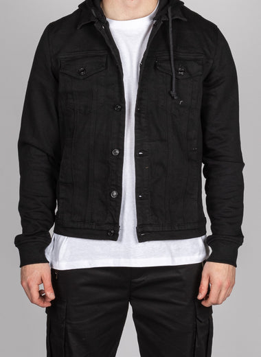 Black Denim Jacket with Sweat Sleeves and Hood