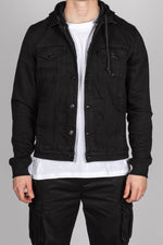 Black Denim Jacket with Sweat Sleeves and Hood