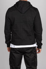 Black Denim Jacket with Sweat Sleeves and Hood