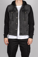 Dark Grey Denim Jacket with Black Sweat Sleeves and Hood