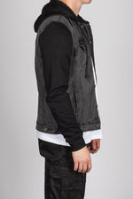 Dark Grey Denim Jacket with Black Sweat Sleeves and Hood