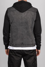 Dark Grey Denim Jacket with Black Sweat Sleeves and Hood