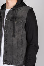 Dark Grey Denim Jacket with Black Sweat Sleeves and Hood