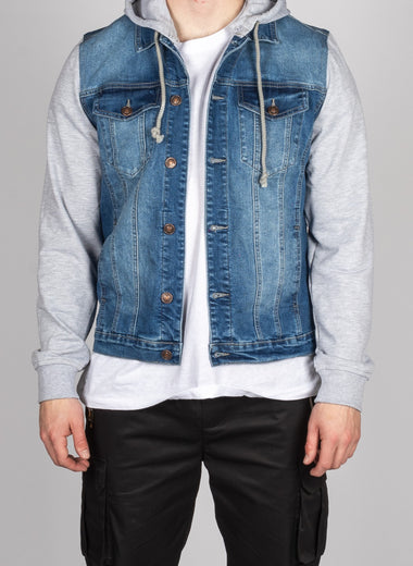 Blue Denim Jacket with Grey Sweat Sleeves and Hood