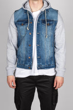 Blue Denim Jacket with Grey Sweat Sleeves and Hood