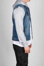 Blue Denim Jacket with Grey Sweat Sleeves and Hood