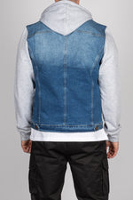 Blue Denim Jacket with Grey Sweat Sleeves and Hood