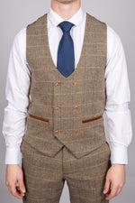 Ted - Tan Tweed Check Double Breasted Waistcoat