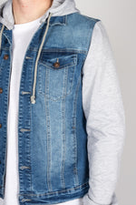 Blue Denim Jacket with Grey Sweat Sleeves and Hood