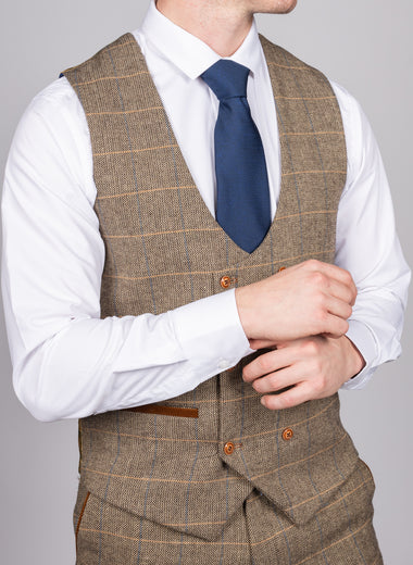 Ted - Tan Tweed Check Double Breasted Waistcoat