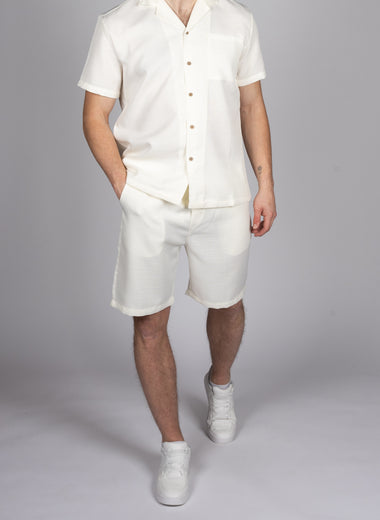 Textured Camp Collar Shirt and Short Set in White