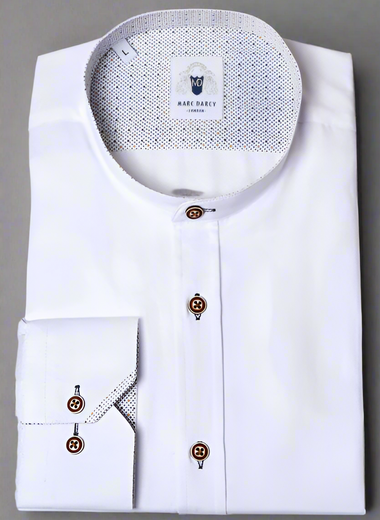 Archie - White Grandad Collar Shirt With Tan Buttons