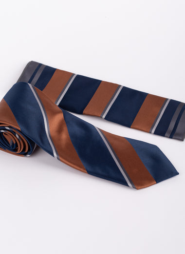 Milano Couture Blue/Brown Striped Tie & Pocket Square Set