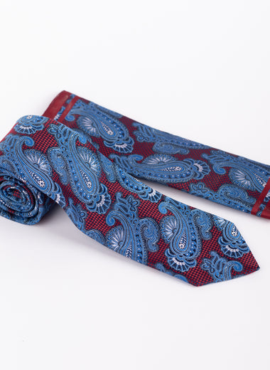 Milano Couture Blue/Red Paisley Tie & Pocket Square Set