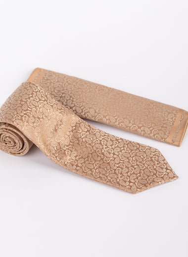 Milano Couture Champagne Mini Paisley Pattern Tie & Pocket Square Set