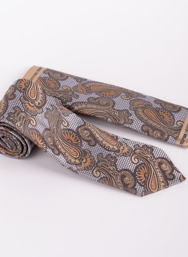 Milano Couture Gold/Grey Paisley Tie & Pocket Square Set in Gold Grey