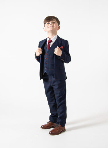 Edinson - Children's Navy Wine Check Three Piece Suit