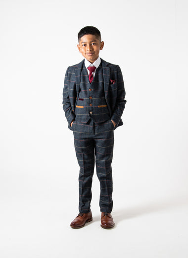 Eton - Children's Navy Blue Tweed Check Three Piece Suit