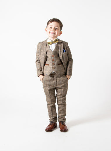 Ted - Children's Tan Tweed Check Three Piece Suit