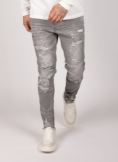 Light Grey Ripped Black & White Paint Splatter Jeans