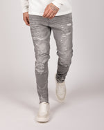 Light Grey Ripped Black & White Paint Splatter Jeans