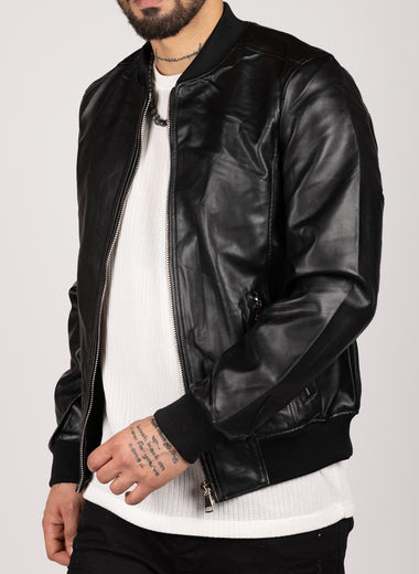 PU Leather Bomber Jacket Black