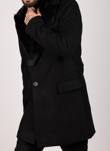 Single Breasted Overcoat With Removeable Fur Collar Black