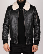 Borg Collar Leather Jacket Black