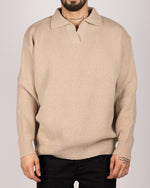 Open Collar Cotton Blend Sweater Beige