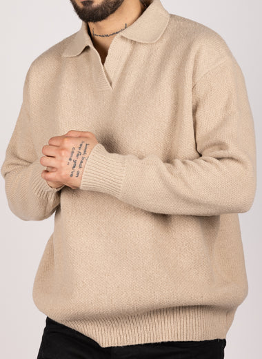 Open Collar Cotton Blend Sweater Beige