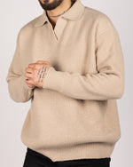 Open Collar Cotton Blend Sweater Beige