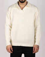 Open Collar Cotton Blend Sweater White