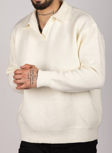 Open Collar Cotton Blend Sweater White