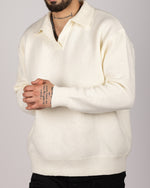 Open Collar Cotton Blend Sweater White