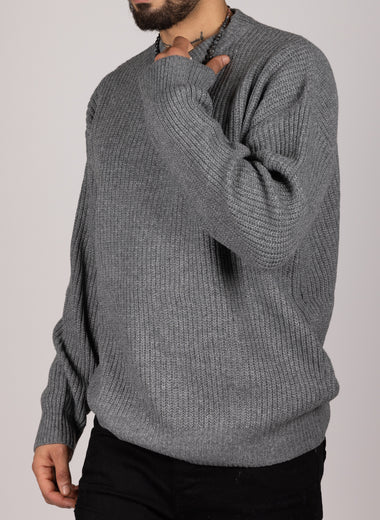 Ribbed Knit Crewneck Sweater Dark Grey