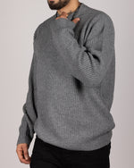 Ribbed Knit Crewneck Sweater Dark Grey