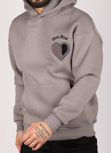 Embroidered Broken Heart Hoodie Grey