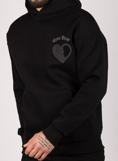 Embroidered Broken Heart Hoodie Black