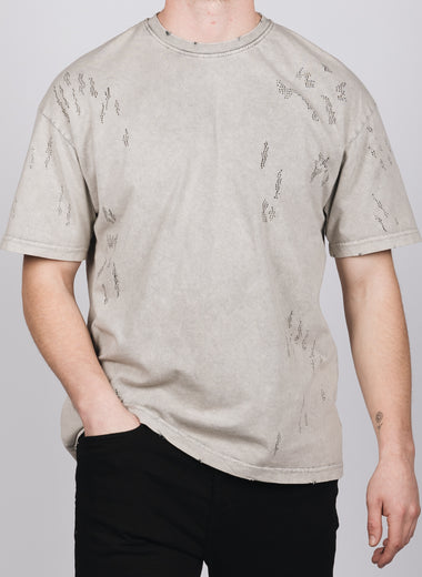 Grey Rip Detail Acid Wash T-Shirt