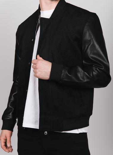 Black PU Leather Sleeve Bomber