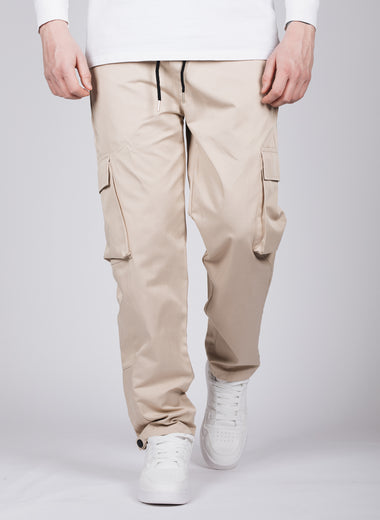 Beige Cargo Joggers With Button Cuffs